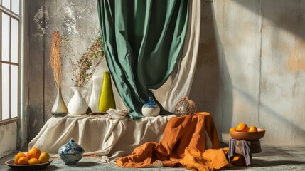 Obraz premium Artistic pottery still life with colorful drapes