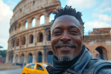 Smiling Black man in a leather jacket, capturing a selfie with the Colosseum in the background, vibrant atmosphere.