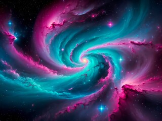 Colorful spiral galaxy in deep space with glowing stars. 