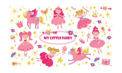 Cartoon set cute fairy with pink unicorn in a skirt. illustrations flat collection, isolated design elements. Vector illustration.