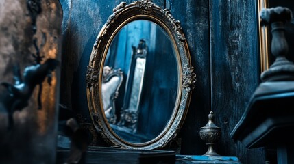 Fototapeta premium Antique mirror with dark moody lighting and vintage decor