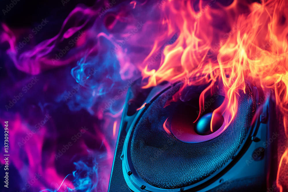 Aufkleber close-up of speaker cone engulfed in vibrant pink and orange flames, creating a dynamic and energeti