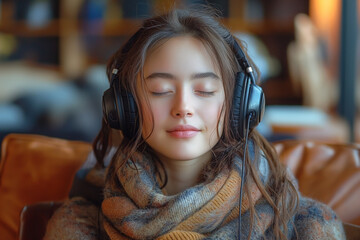 A young Caucasian woman enjoys music with headphones, exuding serenity in cozy surroundings.