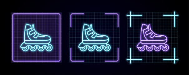Roller skates illustration, cyber neon visual, glowing border grid vector.