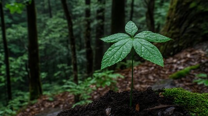 A single plant growing with lush leaves in a forest setting