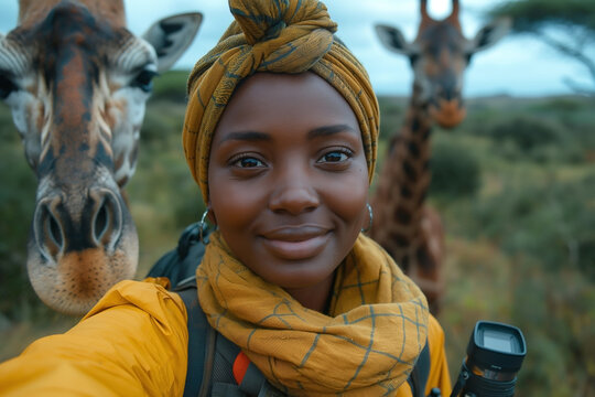 A young Black woman smiles for a selfie, flanked by giraffes in a lush landscape, capturing an adventurous spirit in nature.