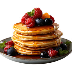 A Plate of Fluffy Pancakes Drizzled with Maple Syrup Isolated on Transparent Background