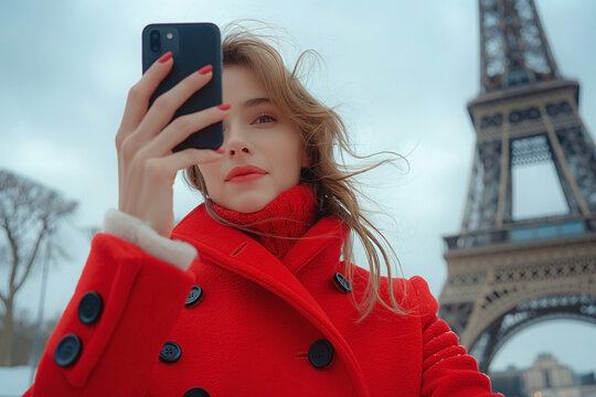 A young Caucasian woman in a red coat takes a selfie near the Eiffel Tower, radiating confidence amidst a cloudy sky.
