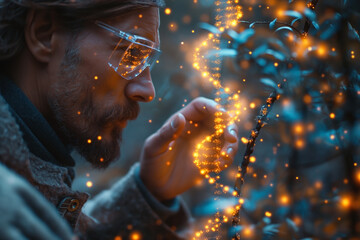 A thoughtful Caucasian man examines nature with a dreamy expression, surrounded by magical sparkles in a serene, soft-lit environment.