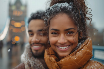 A smiling woman of mixed ethnicity, with curly hair, and a man behind her, both enjoying a snowy day near a famous landmark.