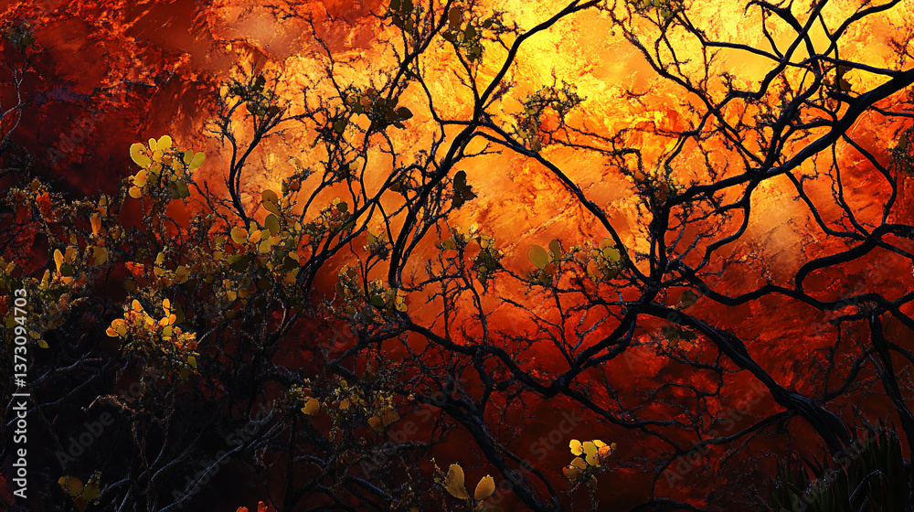 Poster intricate branches silhouette against a fiery orange and red backdrop, creating a dramatic and inten