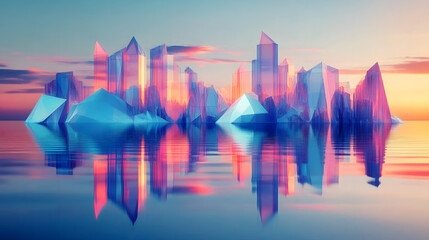 Abstract polygonal city with reflections on blue background. Technology and social innovation concept