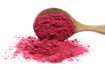 Pile of acai powder in wooden spoon, isolated on white background, side view