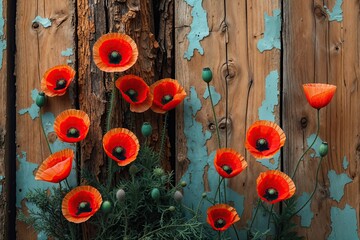 Vibrant Red Poppies on Rustic Pine Surface with Warm Tones and Inviting Atmosphere