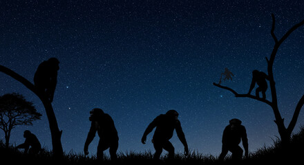 Silhouetted hominids evolving under a starlit night sky, a journey through time captured in stark contrast and deep shadow.