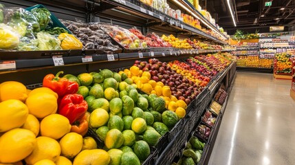 Colorful produce aisle in supermarket with fresh fruits and vegetables