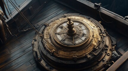 Obraz premium Close-up of antique nautical compass in ship