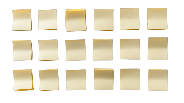 Sticky yellow notes neatly arranged on a white background
