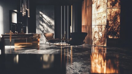 Luxury bathroom interior with marble flooring and wooden bathtub