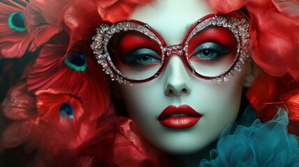 A woman who has vibrant red hair, glasses, and striking red lips