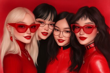 Four fashionable women posing together with red and black outfits