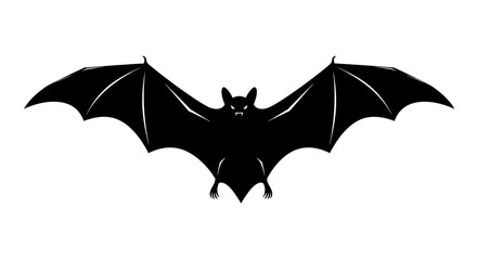 A menacing bat in flight, a stark black silhouette against a white background, showcasing its powerful wings and sharp features.