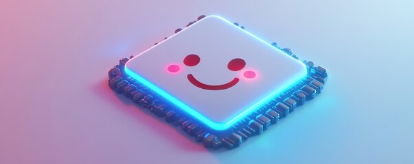 3D artificial intelligence chip with glowing edges and smiling face design