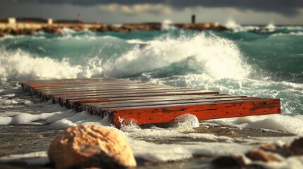Stormy waves crash against wooden pier coastal cliff nature photography dramatic seascape low angle power of nature
