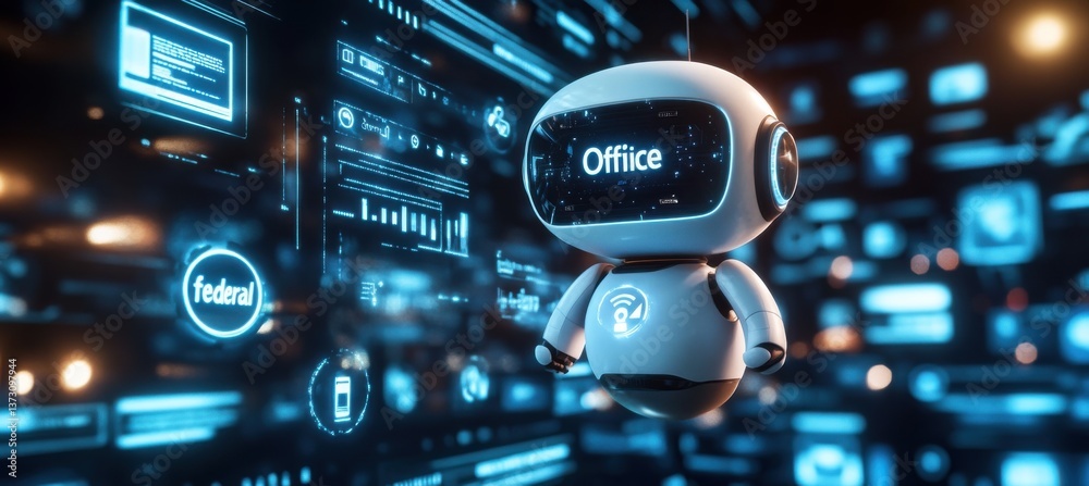 Poster futuristic robot floating among digital interfaces in virtual space