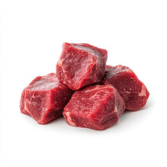 Rich red beef cubes, ready for a hearty stew, glistening under bright studio lights against a stark white backdrop.