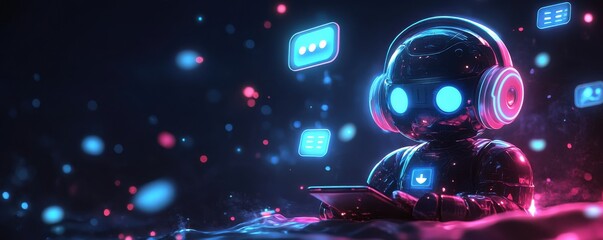 Futuristic AI Robot Using a Tablet in a Neon Lit Digital Landscape