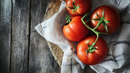 Fresh tomatoes on rustic fabric with wooden texture