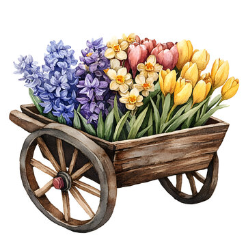 watercolor flowers in wooden wheelbarrow clip art preview