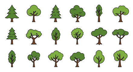 A vibrant collection of diverse tree icons showcasing various shapes and sizes, ideal for nature-themed projects with a clean, simple outline style.