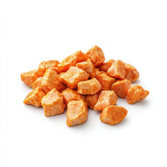 A vibrant pile of sweet potato cubes, ready for a delicious meal, showcasing their warm orange hue and inviting texture against a bright white background.