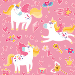 Childrens magic unicorn pattern. Cute seamless ornament hand drawn with unicorns, magic wand, stars.