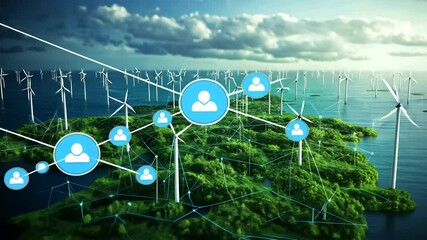 Aerial view of a sustainable island with wind turbines and digital connections symbolizing renewable energy innovation - Powered by Adobe