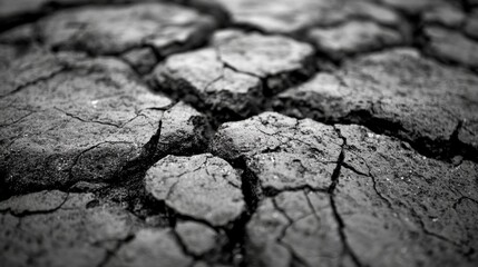 Fototapeta premium Cracked dry earth surface in monochrome showing signs of drought and soil erosion during the dry season