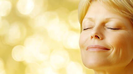 Fototapeta premium A woman with eyes closed appears relaxed in a golden background
