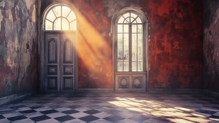 Vintage room with sunlight through arched window