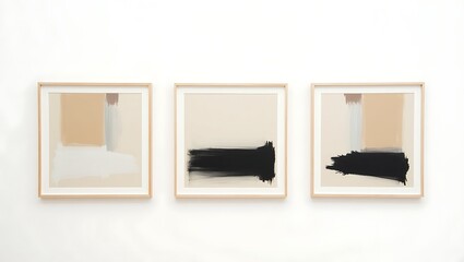 Three framed abstract paintings hanging on a white wall in a gallery or museum setting display art