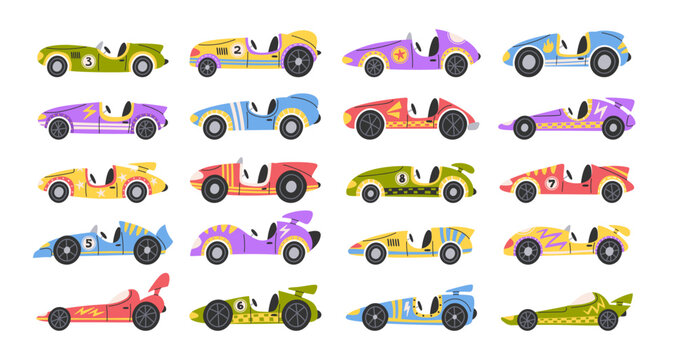 Cute racing cars colorful high-speed driving automobiles childish hand drawn set isolated on white