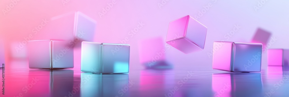 Poster Floating colorful 3D cubes in a futuristic minimalistic space with soft reflections and neon gradients inviting exploration and creativity