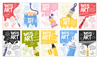 Art studio, painting workshop, craft class promo banners with artistic tools and supplies design