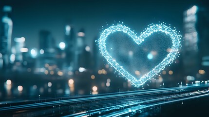 Glowing blue heart shape formed by digital particles floating above futuristic city skyline at night with bokeh lights and motion trails, modern love concept.