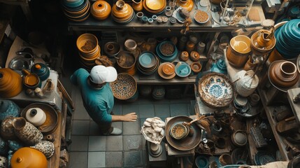 Top view of vibrant pottery market with ceramic wares