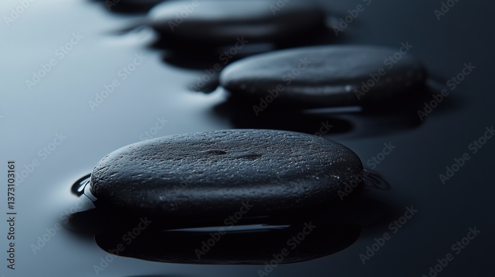 Aufkleber Smooth black river stones resting on a wet reflective surface under soft lighting create a captivating minimalist nature texture