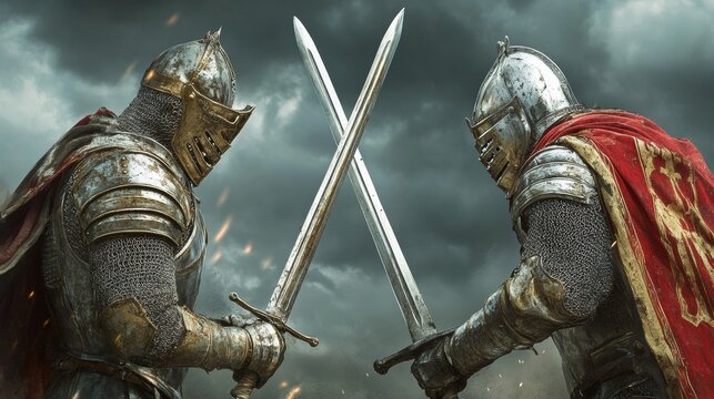 Two medieval knights in armor crossing swords in battle