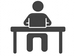 A simplistic graphic showing a person using a computer at a desk