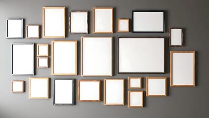 Collection of blank picture frames of various sizes and colors hanging on a gray wall display mockup